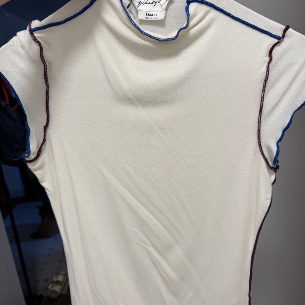 The Line by K Cream Short Sleeve Tee with Blue and Brown Contrast Stitching